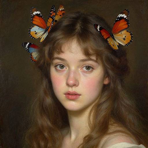 Digital painting of a young, fair-skinned woman with brown wavy hair, wearing a headpiece of vibrant orange and black butterflies, against a dark