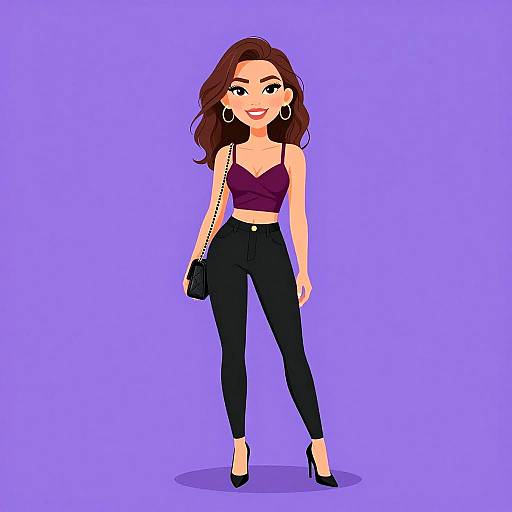 Digital illustration of a stylish woman with wavy brown hair, wearing a purple crop top, black high-waist jeans, black heels, hoop earrings