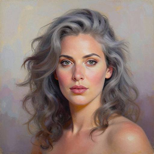 Digital portrait of a fair-skinned woman with wavy gray hair, blue eyes, and pink lips, set against a pastel background.