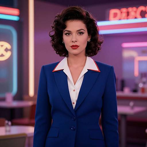 Photograph of a confident woman with curly black hair, red lipstick, wearing a navy blue blazer over a white collared shirt, standing in a