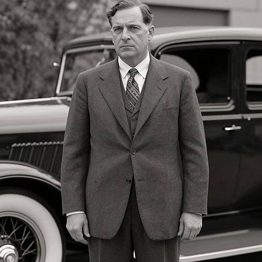 Black-and-white photograph of a serious middle-aged man in a dark suit and striped tie standing in front of a classic vintage car.