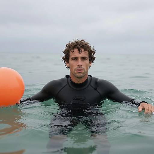 Man in Wetsuit Holding Orange Buoy in Ocean