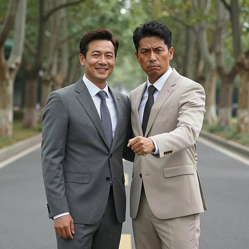 Two Men Embracing on Tree-Lined Road