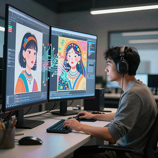 Photograph of an Asian man with short black hair, wearing headphones and a gray sweater, working on digital art on two monitors.