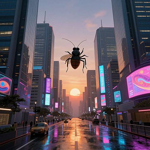 Digital artwork of a giant beetle hovering above a neon-lit, rain-soaked city street at sunset, with towering skyscrapers on both sides.