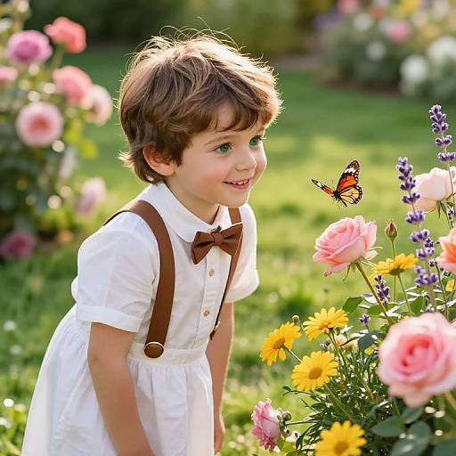 Photograph of a smiling, brown-haired toddler in a white dress with brown suspenders, watching a butterfly near colorful flowers in a sunlit garden.