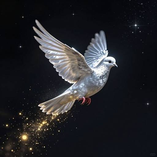 Photograph of a glowing white dove in mid-flight against a dark, starry night sky with scattered bright light trails.
