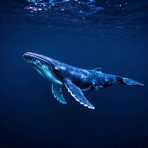 Photograph of a massive blue whale swimming underwater, illuminated by bioluminescent lights, against a dark blue ocean background.