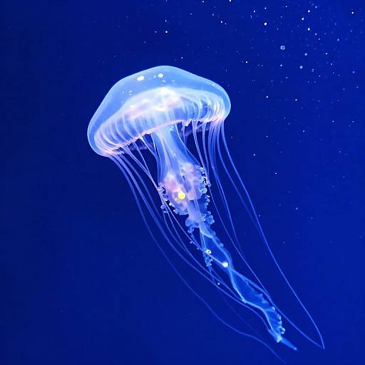 Photograph of a glowing blue jellyfish with translucent tentacles and bioluminescent spots floating in a dark blue underwater background.