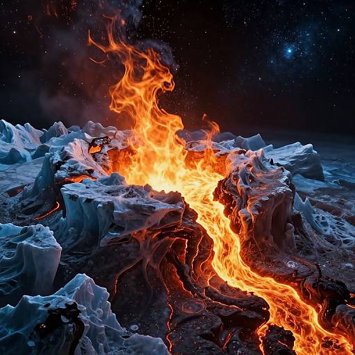 Photograph of intense, bright orange flames consuming jagged, icy blue ice formations under a star-filled, dark night sky.