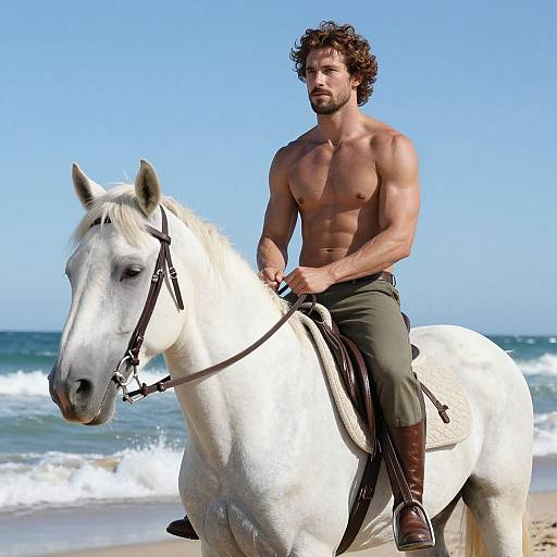 Muscular Man Riding White Horse on Beach