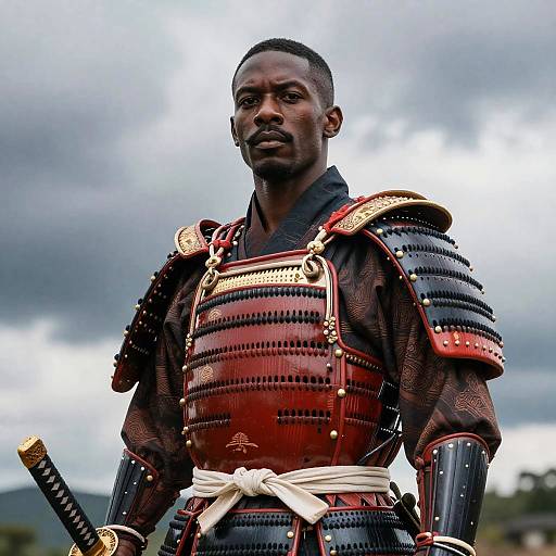Photograph of a serious, dark-skinned male samurai with short hair, wearing red and black armor, white belt, and sheathed sword,