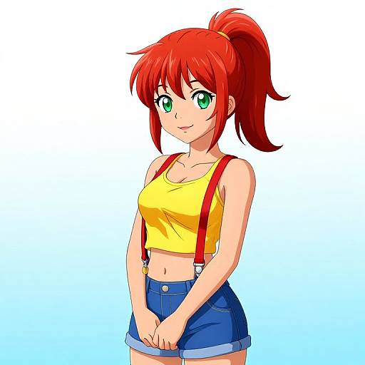 Digital anime-style drawing of a red-haired girl with green eyes, wearing a yellow crop top, blue denim shorts, and red suspenders.