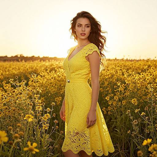 Photograph of a woman with long brown hair in a yellow lace dress standing in a sunlit field of yellow wildflowers.