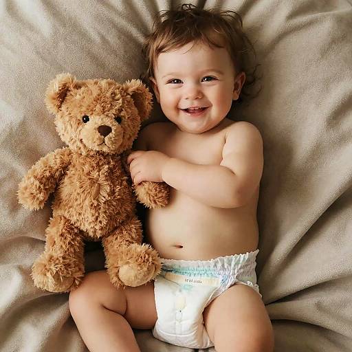 Photograph of a smiling, brown-haired baby lying on a beige blanket, wearing a white diaper, hugging a brown teddy bear.