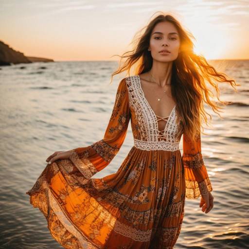 Woman in Bohemian Dress at Ocean Sunset