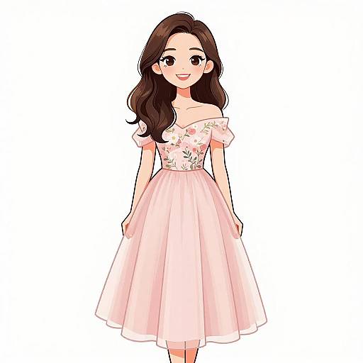 Anime-style digital drawing of a smiling young woman with long brown hair, wearing an off-shoulder pink floral dress, standing against a white background.