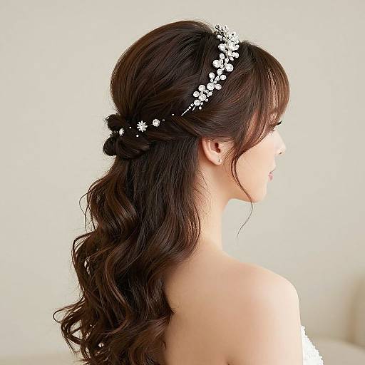 Photograph of an Asian woman with long, wavy dark brown hair, wearing a white floral headband, in profile, against a white background.