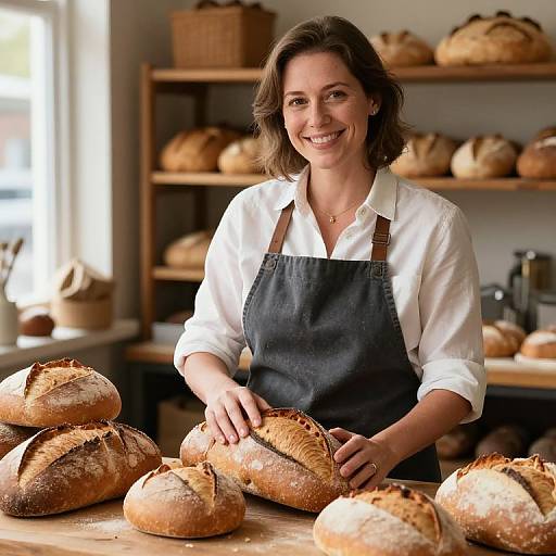 Photograph of a smiling, brown-haired woman in a white shirt and black apron, slicing artisan bread in a sunny bakery.
