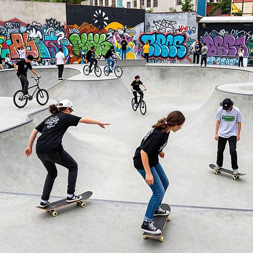 Photograph of diverse skateboarders in vibrant graffiti-covered skatepark, wearing black and white shirts, hats, and jeans, performing tricks on ramps.