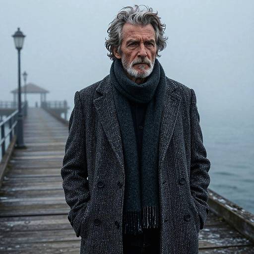 Senior Man in Tweed Overcoat on Foggy Coastal Pier