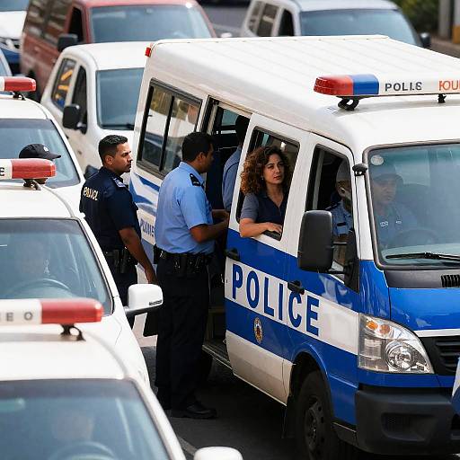 Crowded Police Truck in Urban Setting