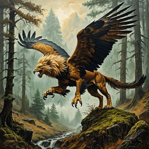 Majestic Griffon in Misty Forest Oil Painting Majestic Griffon in Misty Forest Oil Painting