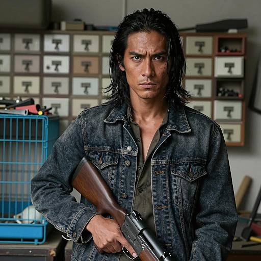 Intense Man with Rifle in Cluttered Workshop