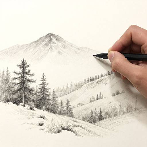 Hand drawing a black-and-white mountain landscape with pine trees using a pen; detailed, textured lines on white paper.