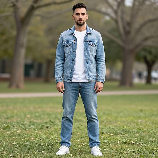 Photograph of a young man with short black hair and beard, wearing a blue denim jacket, white t-shirt, blue jeans, and white sneakers,