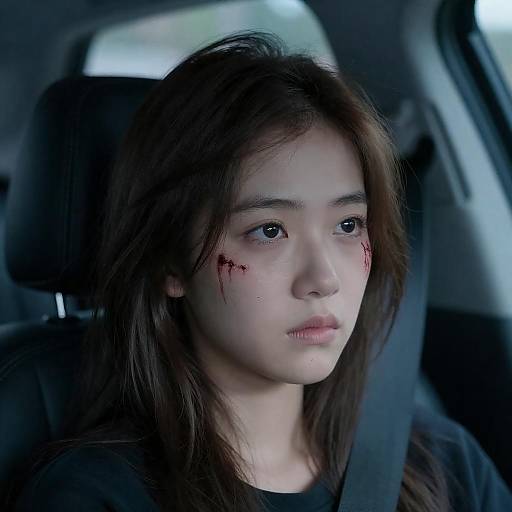 Young Woman with Blood on Cheek in Car