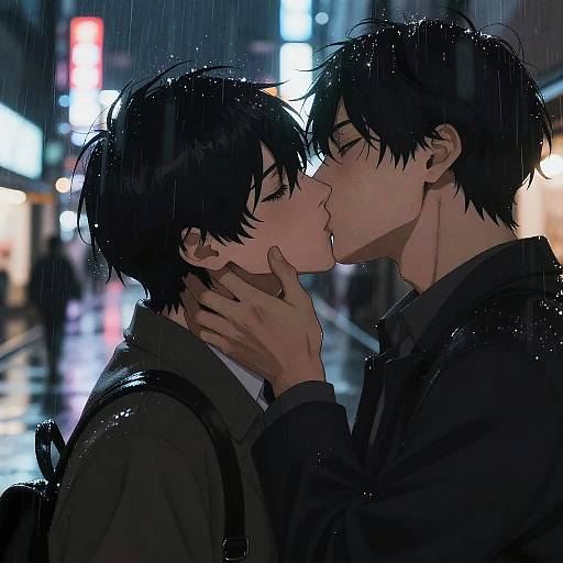 Digital anime-style drawing of two black-haired men kissing in a rainy urban night scene, both wearing dark jackets, with blurred neon lights in the background.