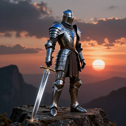 Photograph of a medieval knight in shiny silver armor, standing on a rocky ledge at sunset, holding a long sword, with mountains and a vibrant orange