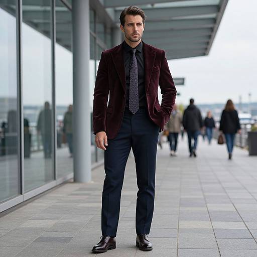 Photograph of a tall, handsome man with dark hair and beard, wearing a dark maroon velvet blazer, black shirt, patterned tie,