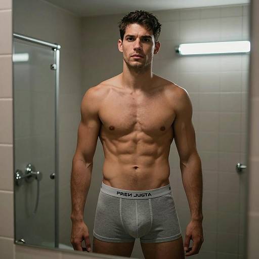 Shirtless Man in Dimly Lit Shower