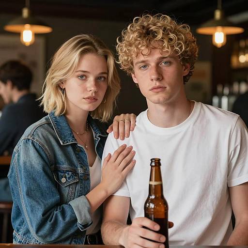 Serious Young Couple in Bar with Beer