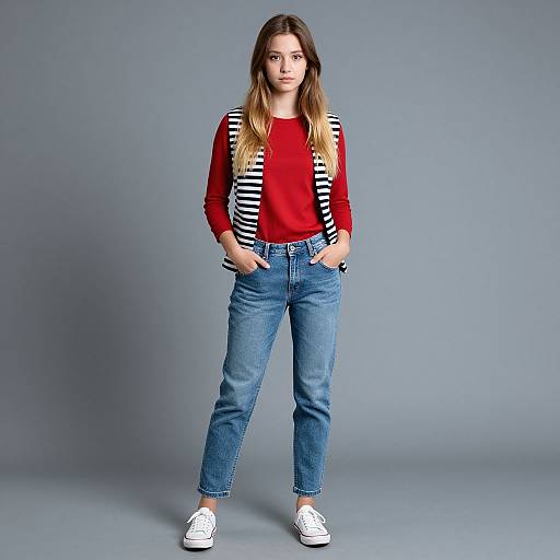 Photograph of a young woman with long, ombre hair, wearing a red sweater, blue jeans, white sneakers, and black-and-white striped