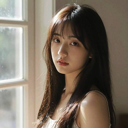 Photograph of a young Asian woman with long, straight black hair, soft light illuminating her face, wearing a white sleeveless top, standing near