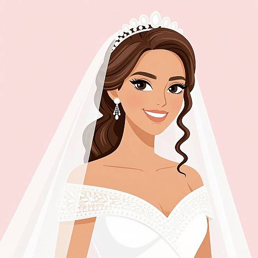 Digital illustration of a smiling, fair-skinned woman with long brown hair, wearing a white wedding dress and veil, adorned with diamond earrings, against a