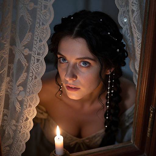 Photograph of a woman with blue eyes, dark curly hair, and pearl earrings, gazing intently through lace curtains at a candle flame.