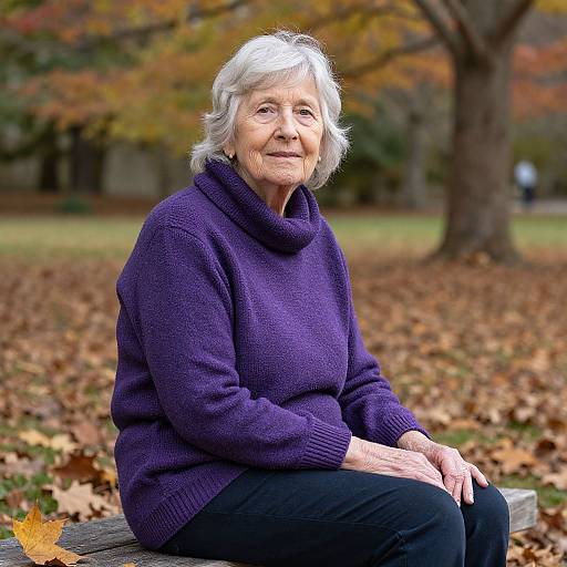 Photograph of an elderly woman with white hair, wearing a purple turtleneck sweater and black pants, sitting on a bench in an autumn park.