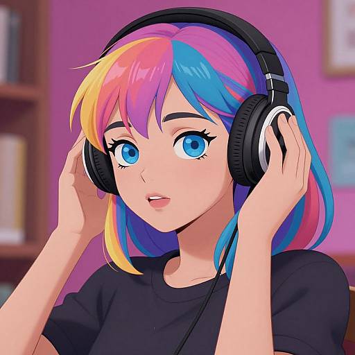 Digital anime-style drawing of a young woman with multicolored hair (pink, blue, yellow), large blue eyes, wearing black headphones, and a