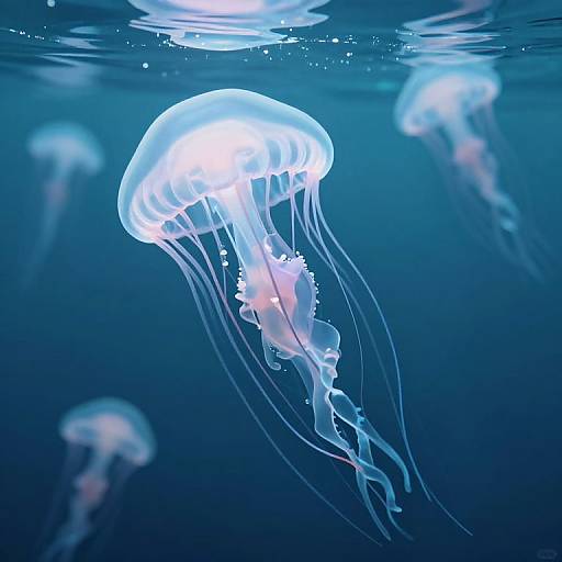 Photograph of glowing blue jellyfish with translucent, flowing tentacles, floating in deep, dark blue underwater ocean setting.