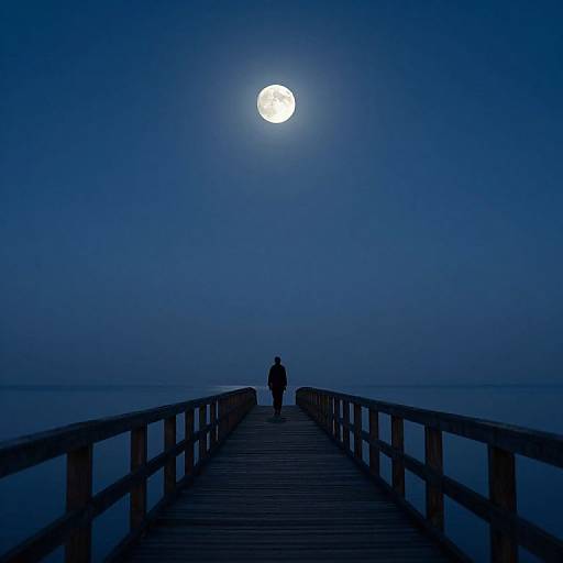 Silhouetted figure on wooden pier under full moon, surrounded by dark blue misty ocean at night. Minimalistic, serene, and mysterious.