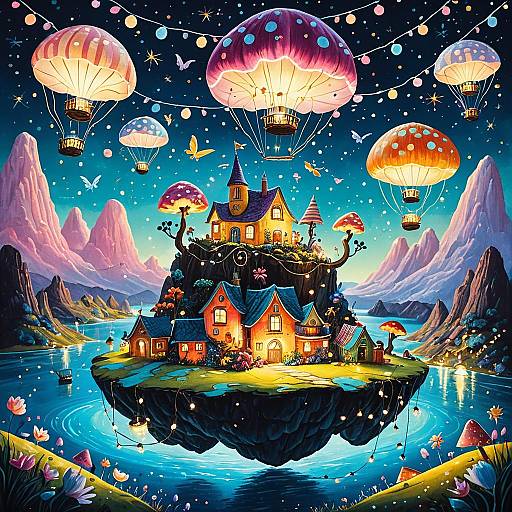 Whimsical Floating Island with Mushroom Hot Air Balloons
