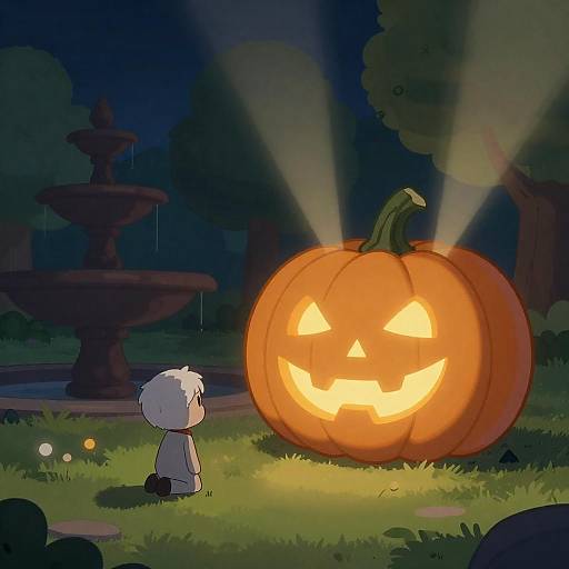 Pumpkin-Headed Night Scene with Fountain