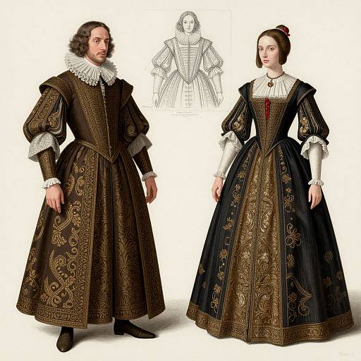 Photograph of two 16th-century Renaissance men and women in elaborate black and brown embroidered gowns with white ruffled collars and cuffs.