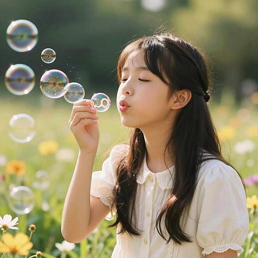 Asian girl with long black hair, white blouse, blowing bubbles in sunlit field with colorful flowers and blurred greenery background.