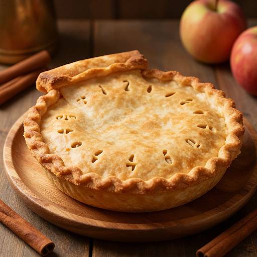 Photograph of a golden-brown, rustic apple pie with a crimped edge on a wooden plate, surrounded by cinnamon sticks and apples.