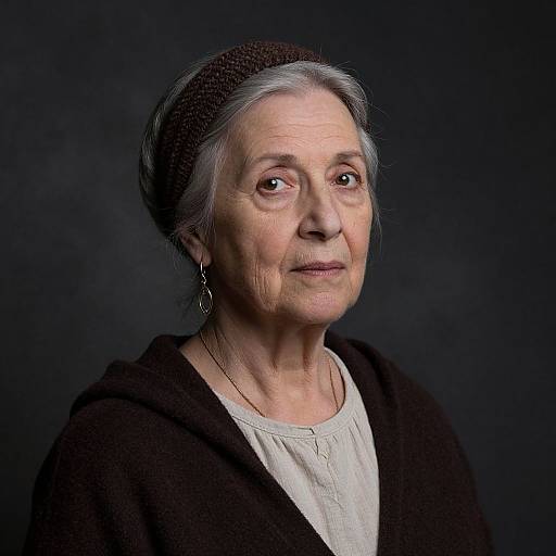 Photograph of an elderly woman with gray hair, wearing a dark headscarf, black cardigan, and white blouse, against a dark background.